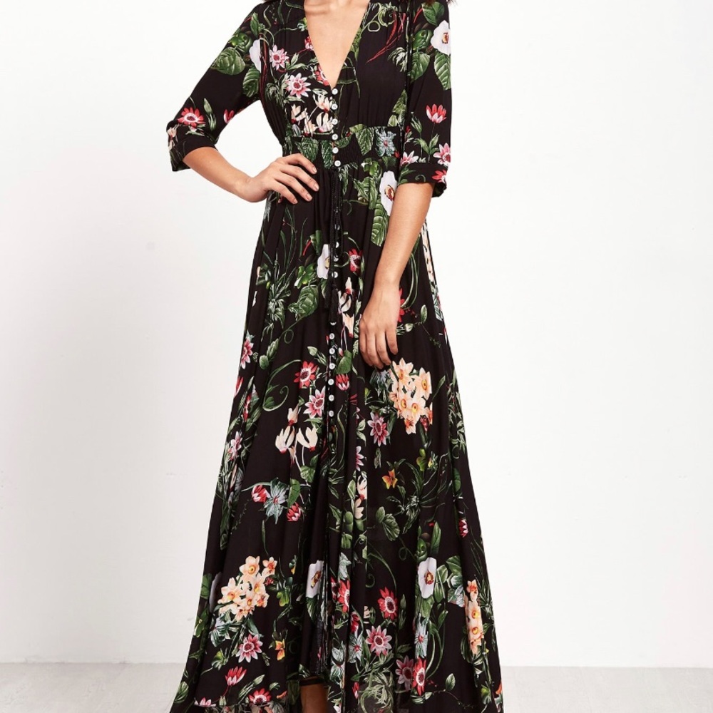 SHEIN shirred waist button floral maxi dress.